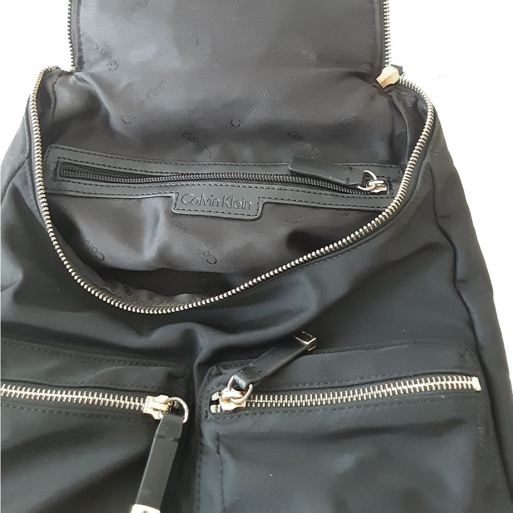 CALVIN KLEIN Gold-Silver Flap Accent Nylon Faux Leather Handbag Backpack - Picture 6 of 11
